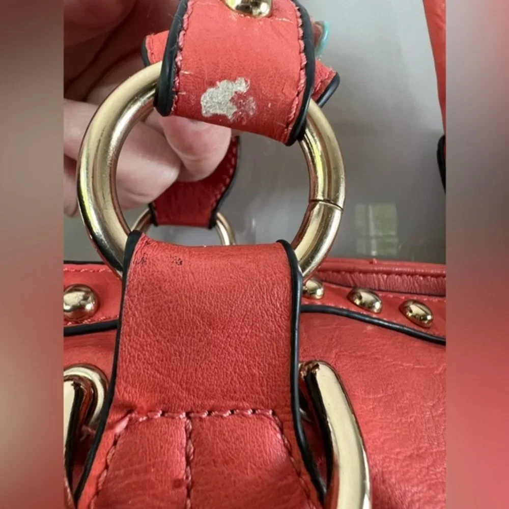 Coral Orange Vegan Leather Gold Studded Oversized Tote Bag With Adjustable Strap - Picture 11 of 16